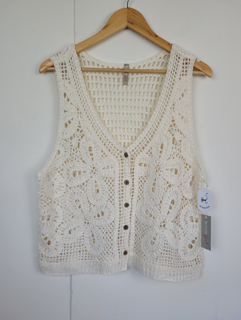 Bloom Girl XL Cream Crochet Knit Button Front Vest NWT